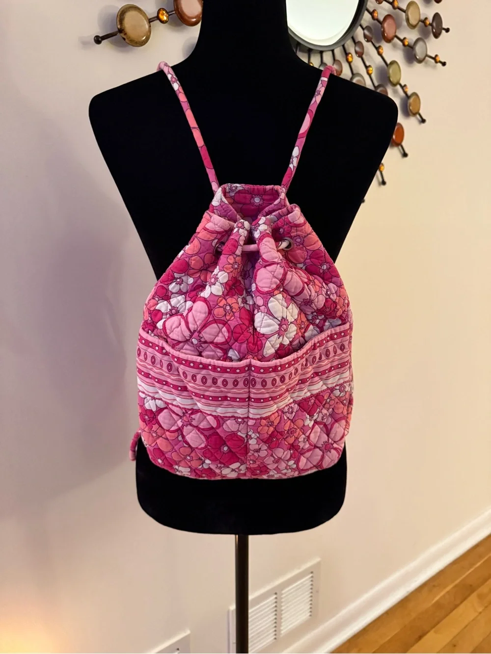 Quilted Pink Floral Drawstring Backpack Vera Bradley
